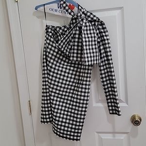 Gingham Print One Sleeve Dress with Over Sized Bow Detail